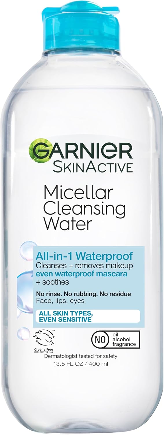 Garnier SkinActive Micellar Water For Waterproof Makeup, Facial Cleanser & Makeup Remover, 13.5 Fl Oz (400mL), 1 Count (Packaging May Vary)